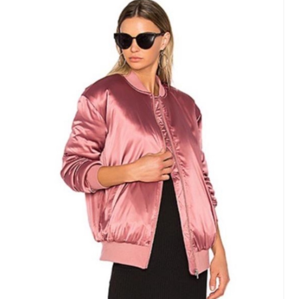 Lovers + Friends Revolve Pink Satin Oversized Puffer Bomber Jacket